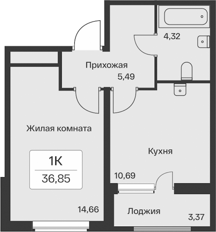 1-комнатная квартира 36.85 м², 8/11 эт., ЖК «Расцветай в Янино»